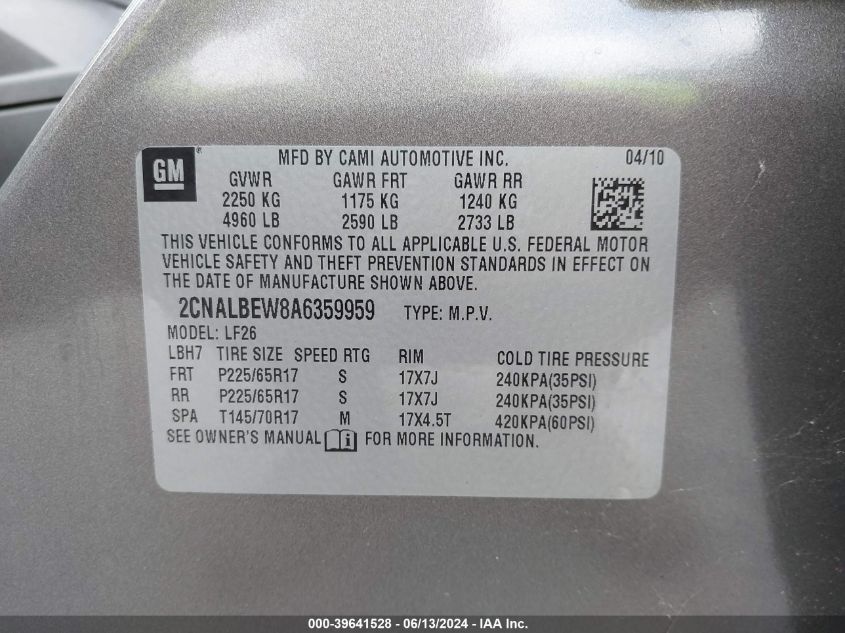 2010 Chevrolet Equinox Ls VIN: 2CNALBEW8A6359959 Lot: 39641528