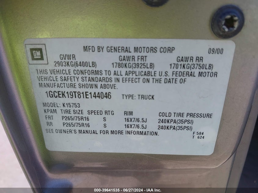 2001 Chevrolet Silverado 1500 Lt VIN: 1GCEK19T81E144046 Lot: 39641535
