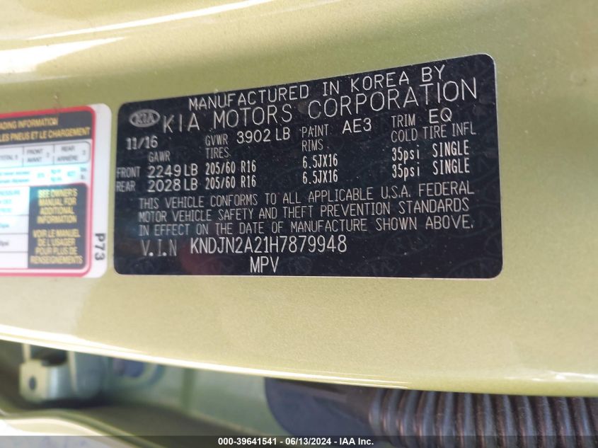2017 Kia Soul VIN: KNDJN2A21H7879948 Lot: 39641541
