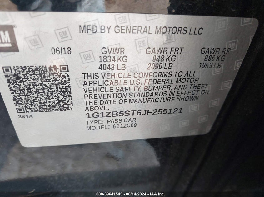 2018 Chevrolet Malibu 1Ls VIN: 1G1ZB5ST6JF255121 Lot: 39641545