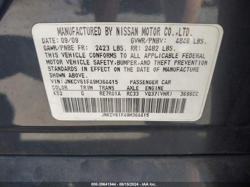 2009 Infiniti G37X VIN: JNKCV61F49M364415 Lot: 39641544