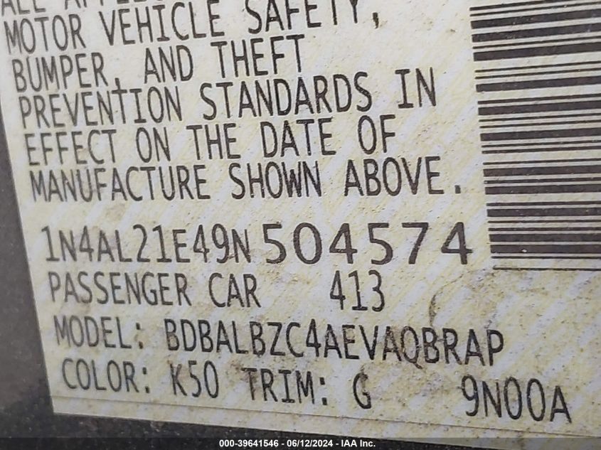 2009 Nissan Altima 2.5 S VIN: 1N4AL21E49N504574 Lot: 39641546