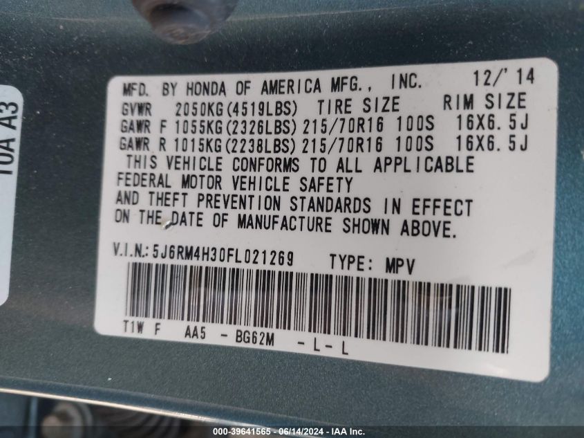 2015 Honda Cr-V Lx VIN: 5J6RM4H30FL021269 Lot: 39641565