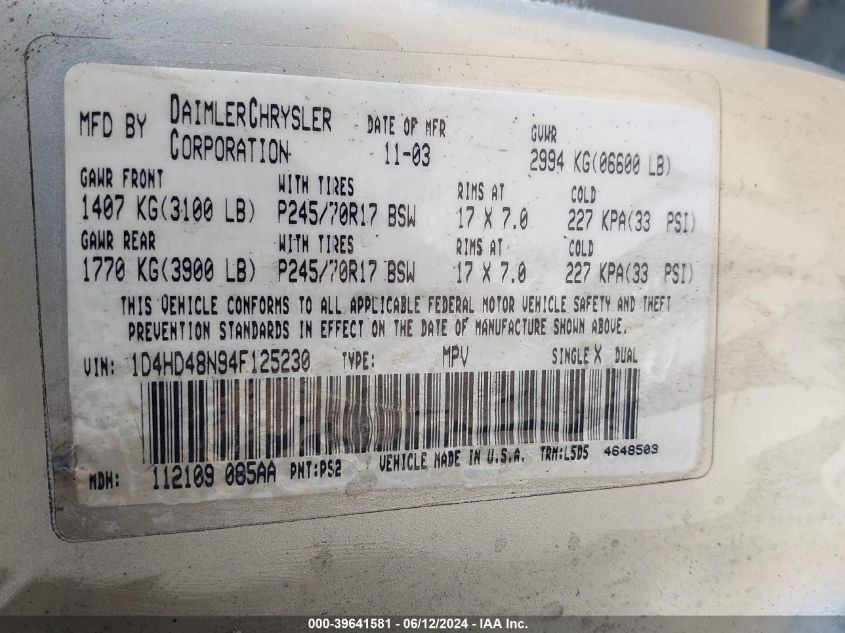 2004 Dodge Durango Slt VIN: 1D4HD48N94F125230 Lot: 39641581