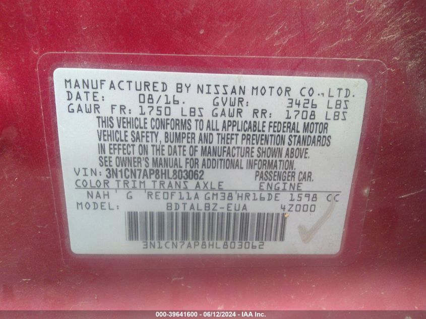 2017 Nissan Versa 1.6 Sv VIN: 3N1CN7AP8HL803062 Lot: 39641600