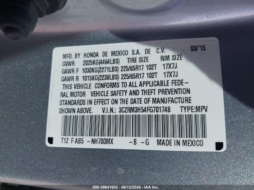 2015 Honda Cr-V Ex VIN: 3CZRM3H54FG701748 Lot: 39641602