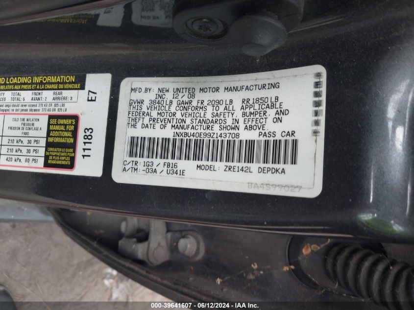 2009 Toyota Corolla Le VIN: 1NXBU40E99Z143708 Lot: 39641607