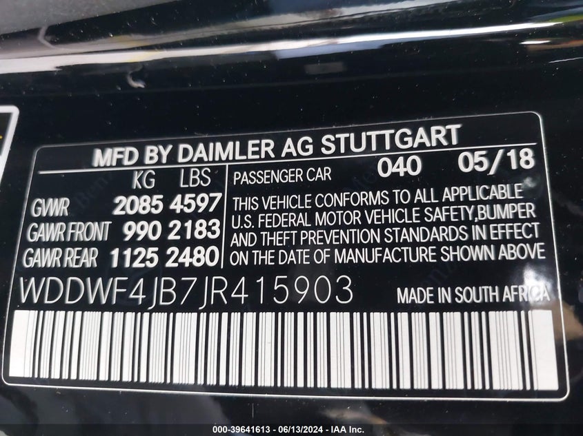VIN WDDWF4JB7JR415903 2018 MERCEDES-BENZ C 300