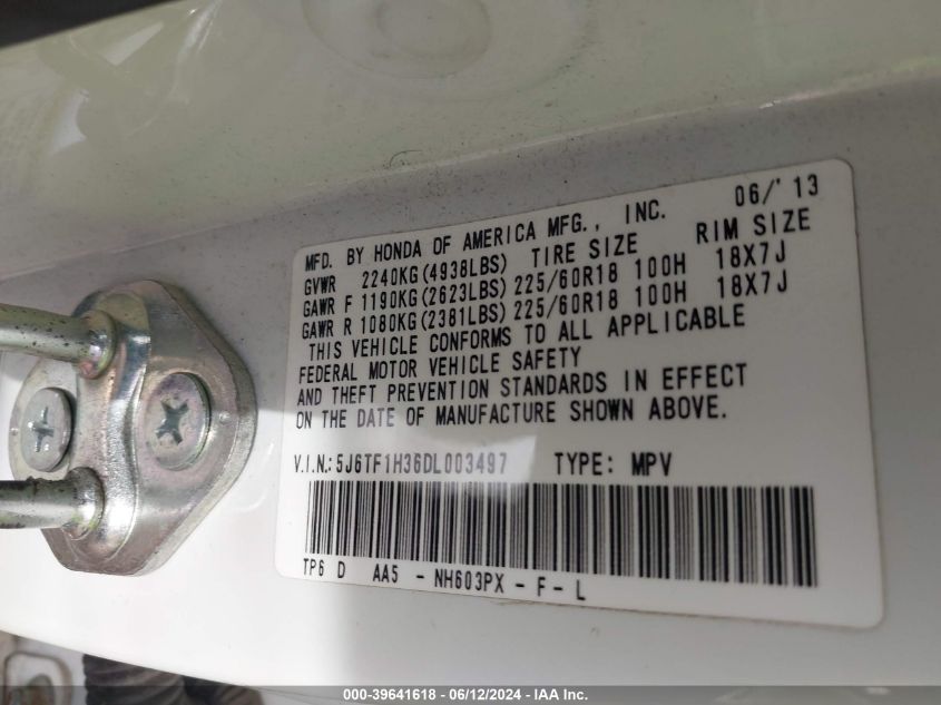 2013 Honda Crosstour Ex V6 VIN: 5J6TF1H36DL003497 Lot: 39641618