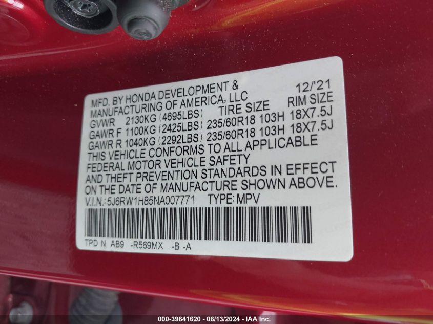 2022 Honda Cr-V 2Wd Ex-L VIN: 5J6RW1H85NA007771 Lot: 39641620