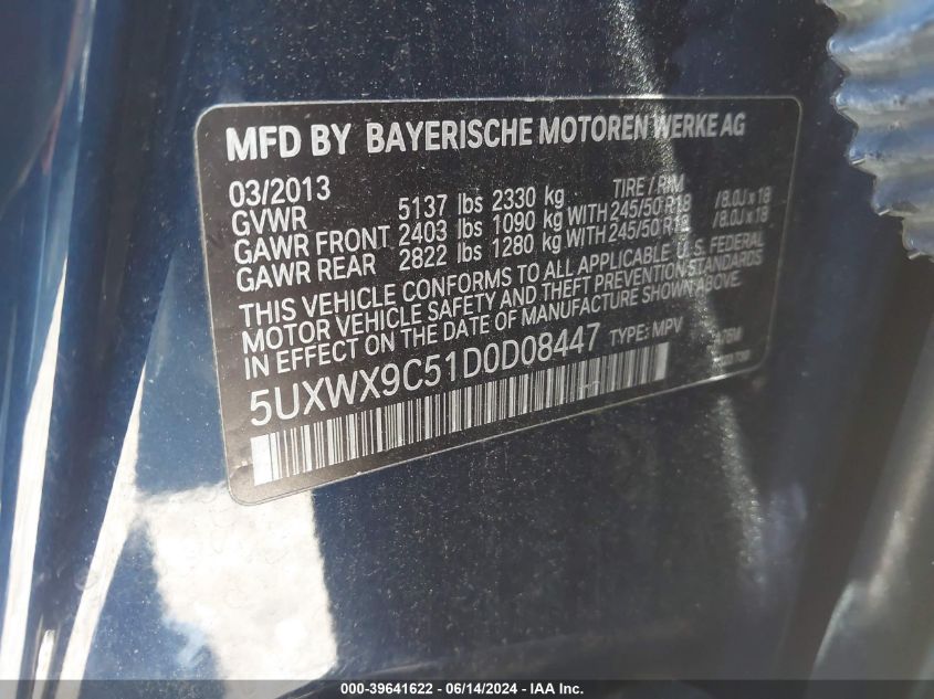 2013 BMW X3 xDrive28I VIN: 5UXWX9C51D0D08447 Lot: 39641622