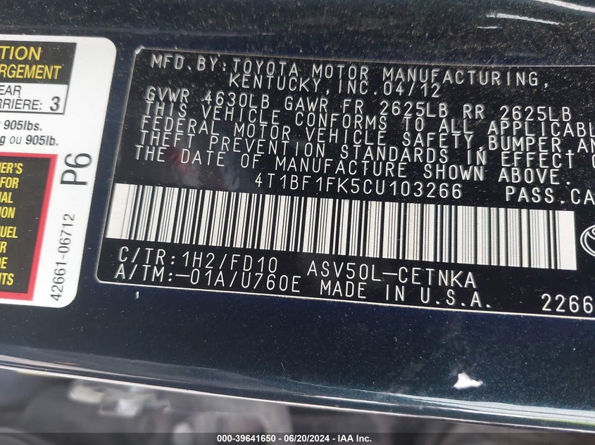 2012 Toyota Camry Le VIN: 4T1BF1FK5CU103266 Lot: 39641650