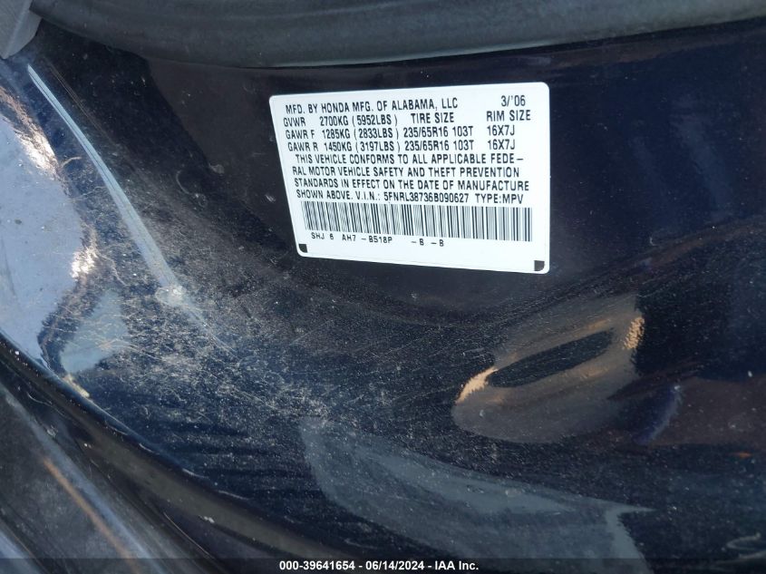 2006 Honda Odyssey Ex-L VIN: 5FNRL38736B090627 Lot: 39641654