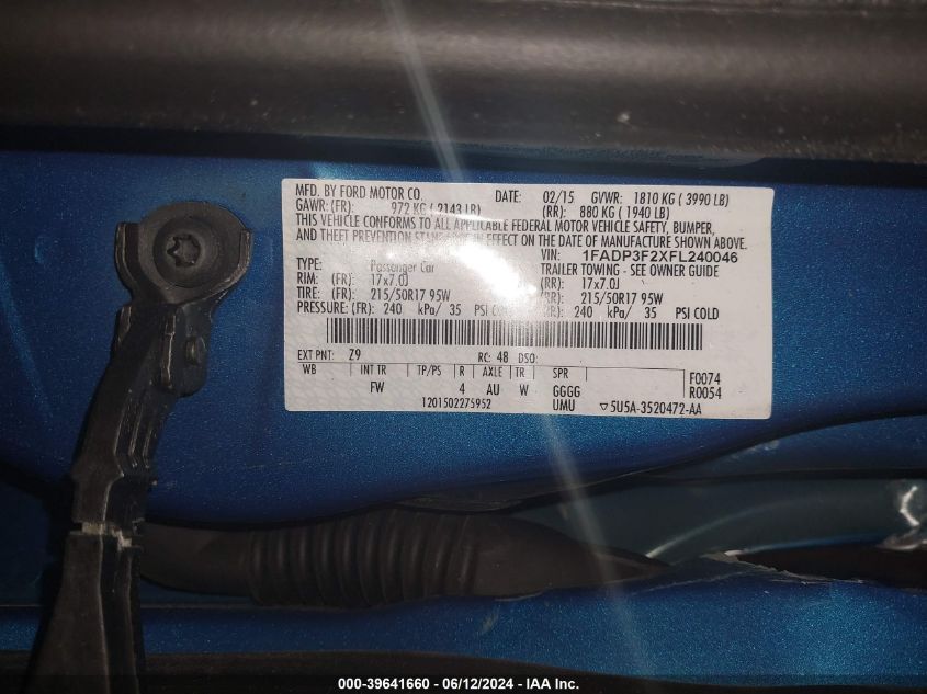 2015 Ford Focus Se VIN: 1FADP3F2XFL240046 Lot: 39641660