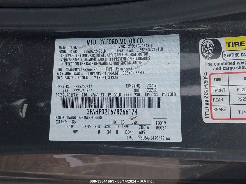 2007 Ford Fusion Sel VIN: 3FAHP02167R266174 Lot: 39641661