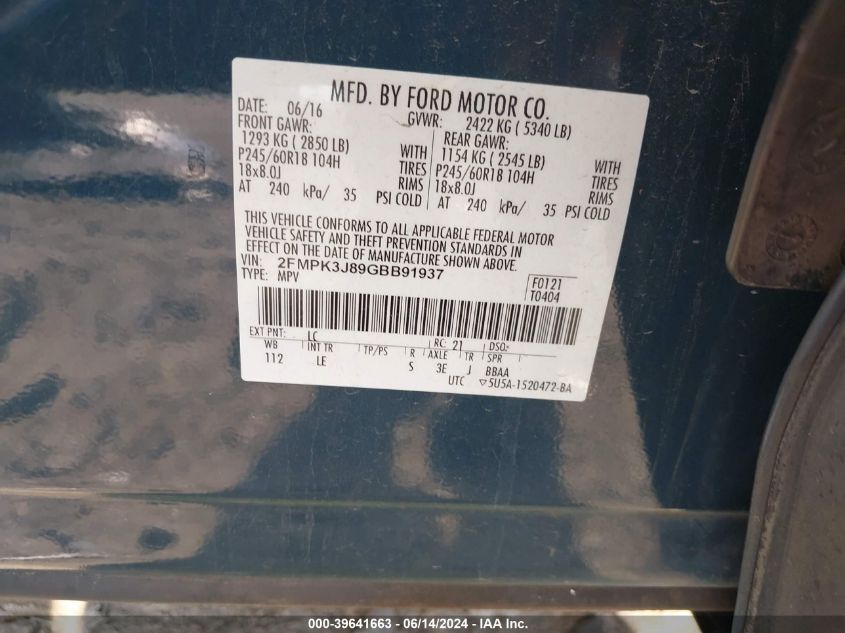 2016 Ford Edge Sel VIN: 2FMPK3J89GBB91937 Lot: 39641663