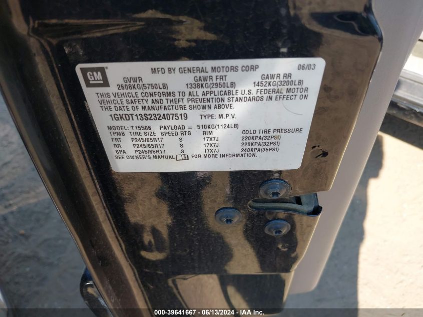 2003 GMC Envoy Sle VIN: 1GKDT13S232407519 Lot: 39641667