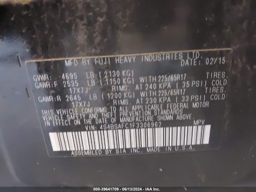 2015 Subaru Outback 2.5I Premium VIN: 4S4BSAFC1F3306962 Lot: 39641709