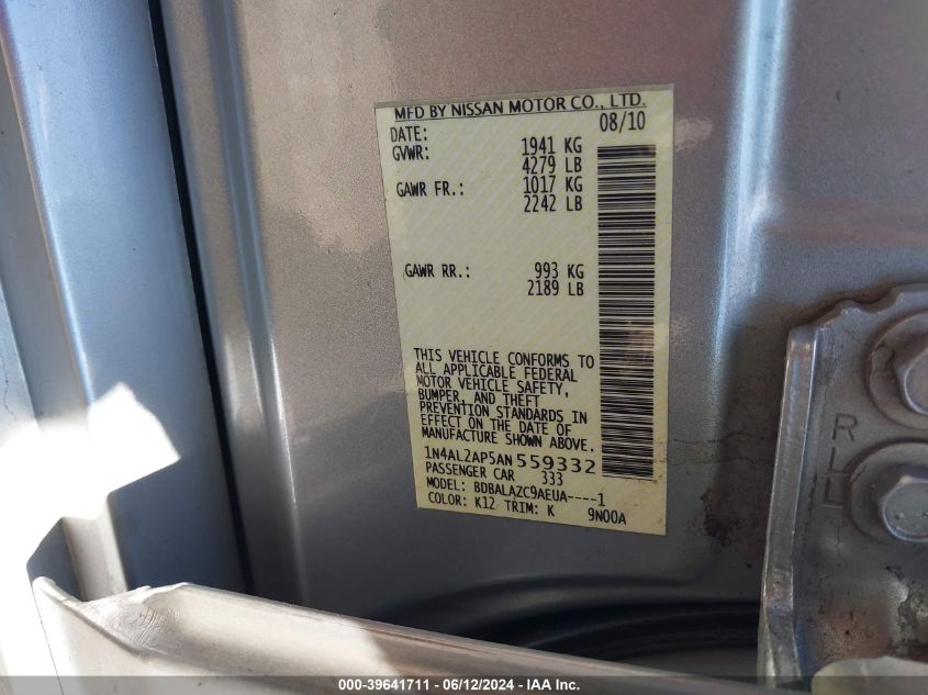 2010 Nissan Altima 2.5 VIN: 1N4AL2AP5AN559332 Lot: 39641711