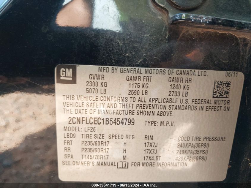 2011 Chevrolet Equinox Ls VIN: 2CNFLCEC1B6454799 Lot: 39641719