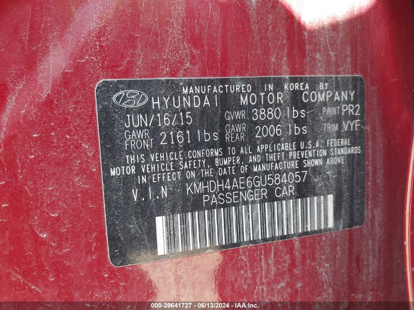 KMHDH4AE6GU584057 2016 Hyundai Elantra Se