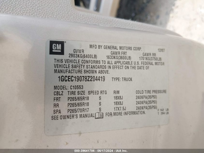 2008 Chevrolet Silverado 1500 Lt2 VIN: 1GCEC19078Z204419 Lot: 39641786