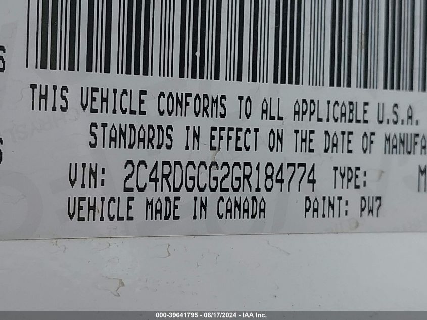 2016 Dodge Grand Caravan Sxt VIN: 2C4RDGCG2GR184774 Lot: 39641795