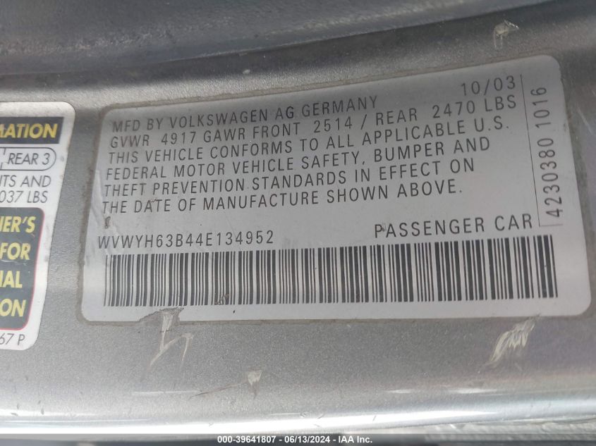 2004 Volkswagen Passat Glx VIN: WVWYH63B44E134952 Lot: 39641807