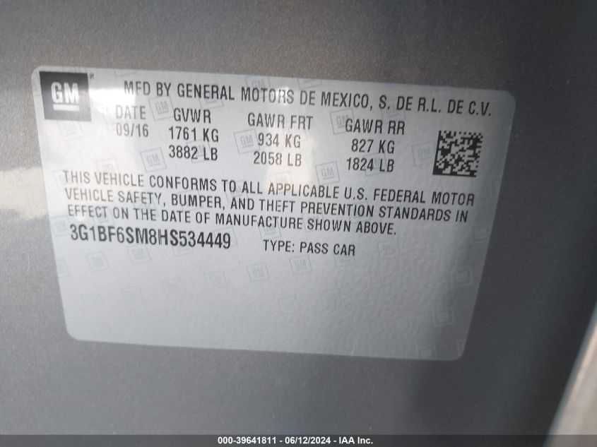 2017 Chevrolet Cruze Premier Auto VIN: 3G1BF6SM8HS534449 Lot: 39641811