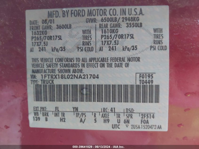 2002 Ford F-150 Lariat/Xl/Xlt VIN: 1FTRX18L02NA21704 Lot: 39641829