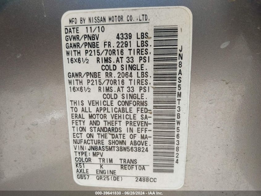 2011 Nissan Rogue S VIN: JN8AS5MT3BW563824 Lot: 39641830