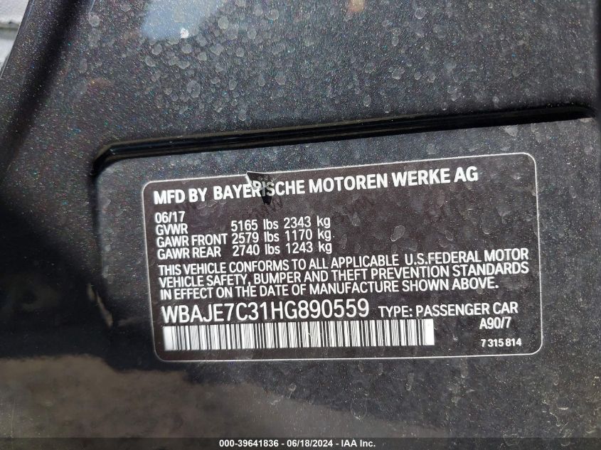 2017 BMW 540I xDrive VIN: WBAJE7C31HG890559 Lot: 39641836