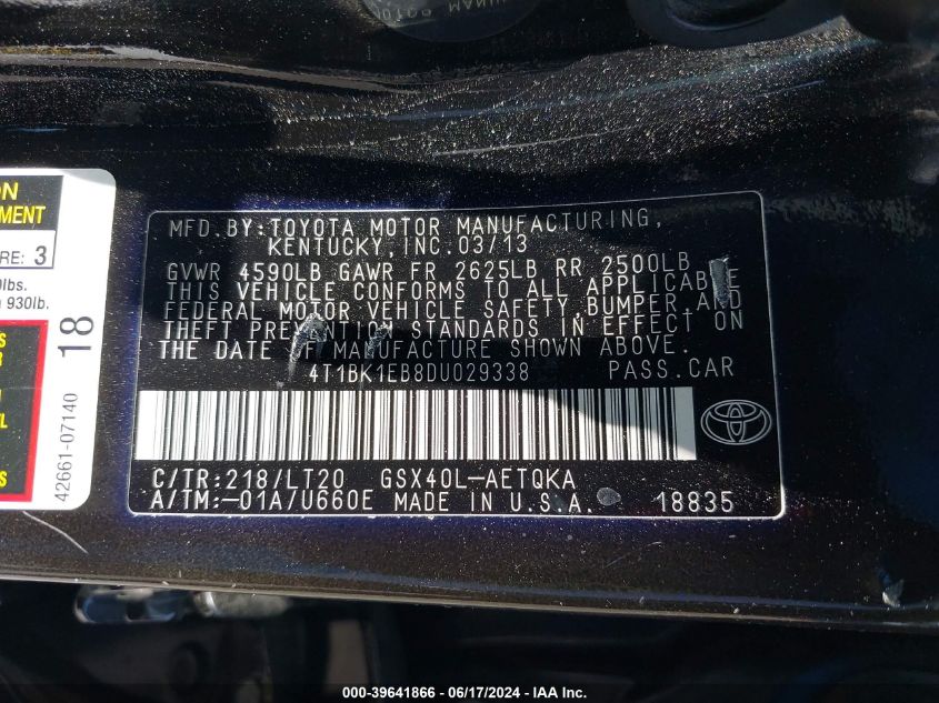 2013 Toyota Avalon Xle Touring VIN: 4T1BK1EB8DU029338 Lot: 39641866