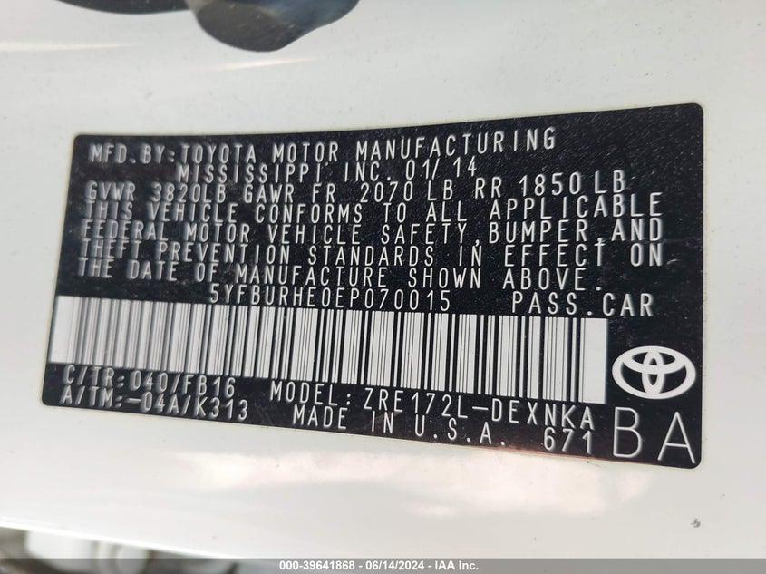 2014 TOYOTA COROLLA LE - 5YFBURHE0EP070015