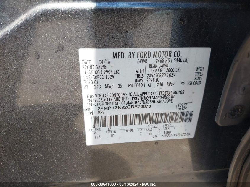 2016 Ford Edge Titanium VIN: 2FMPK3K82GBB74878 Lot: 39641880