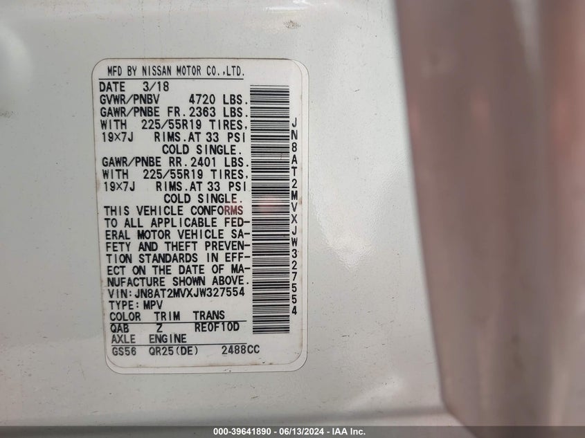 2018 Nissan Rogue Sl VIN: JN8AT2MVXJW327554 Lot: 39641890