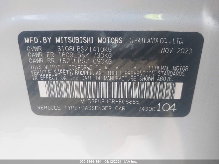 2024 Mitsubishi Mirage G4 Es VIN: ML32FUFJ6RHF06855 Lot: 39641891