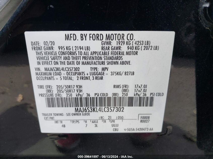 2020 Ford Ecosport Titanium VIN: MAJ6S3KL4LC357302 Lot: 39641897