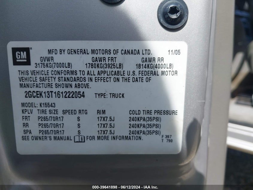 2006 Chevrolet Silverado 1500 Lt3 VIN: 2GCEK13T161222054 Lot: 39641898