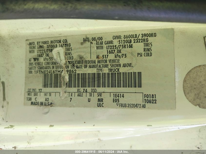 2001 Ford E-250 VIN: 1FTNE24L61HA09862 Lot: 39641915