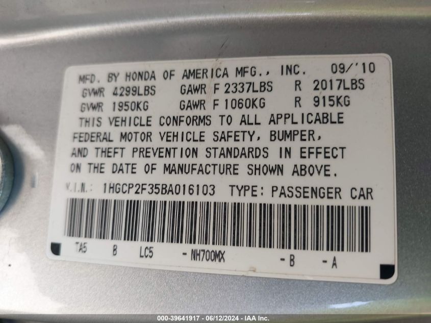 2011 Honda Accord 2.4 Lx VIN: 1HGCP2F35BA016103 Lot: 39641917