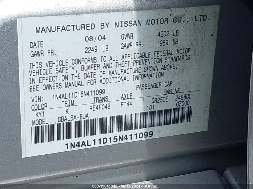 2005 Nissan Altima 2.5 S VIN: 1N4AL11D15N411099 Lot: 39641942