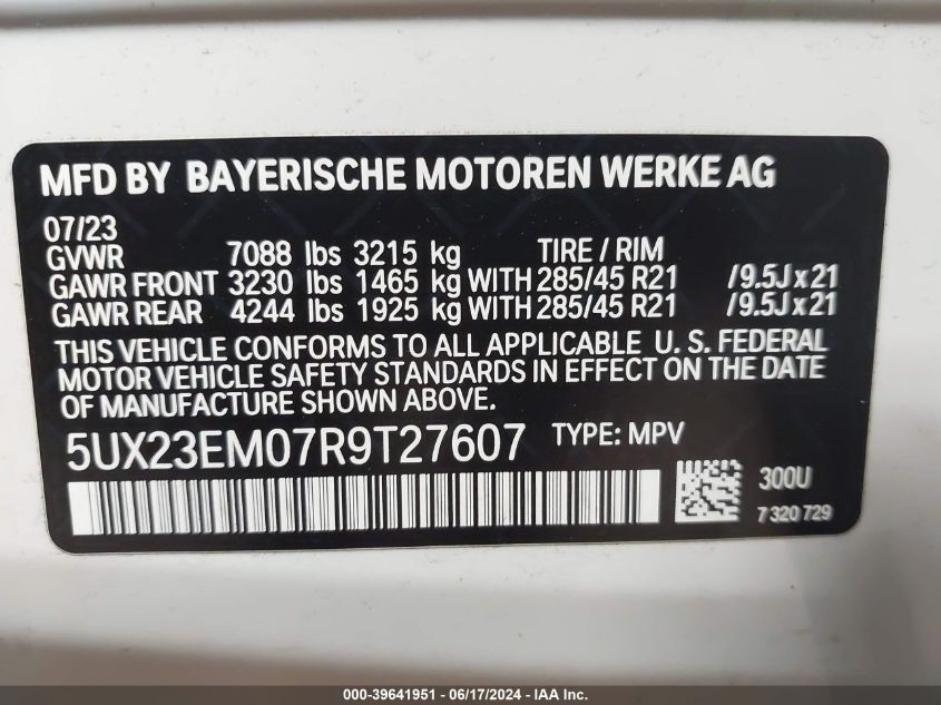 2024 BMW X7 xDrive40I VIN: 5UX23EM07R9T27607 Lot: 39641951