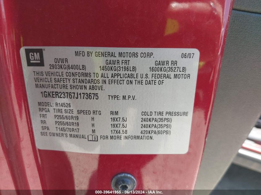 2007 GMC Acadia Slt-1 VIN: 1GKER23767J173675 Lot: 39641955