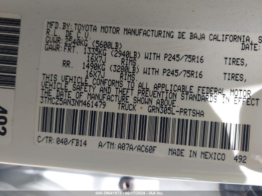 2022 Toyota Tacoma Sr V6 VIN: 3TMCZ5AN3NM461479 Lot: 39641972