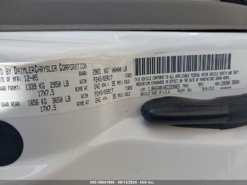 2006 Jeep Commander VIN: 1J8HG48K46C229065 Lot: 39641980