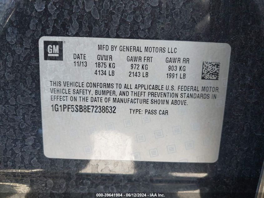 2014 Chevrolet Cruze 2Lt Manual VIN: 1G1PF5SB8E7238632 Lot: 39641984