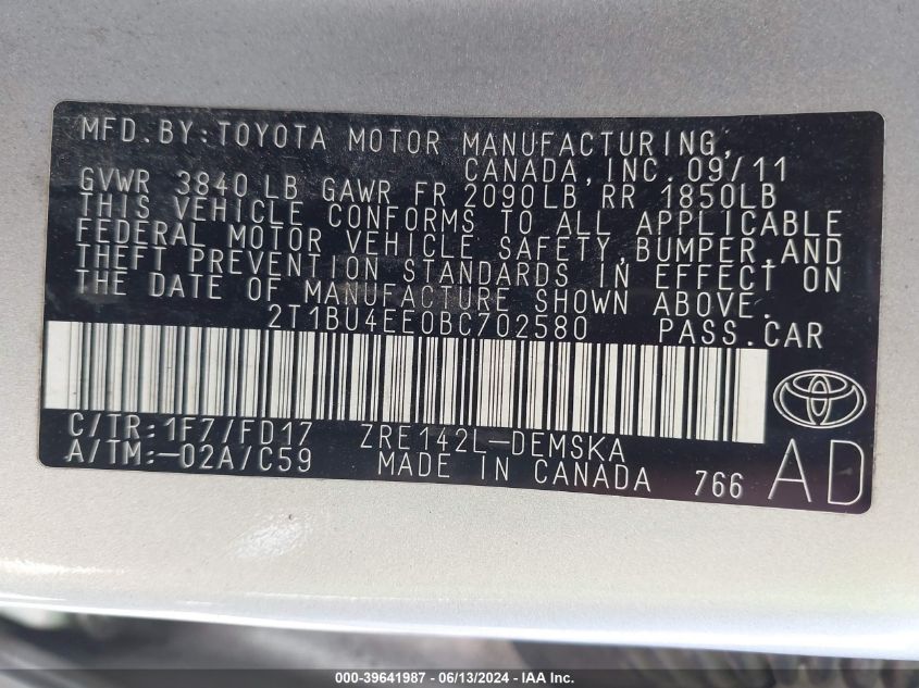 2011 Toyota Corolla S/Le VIN: 2T1BU4EE0BC702580 Lot: 39641987