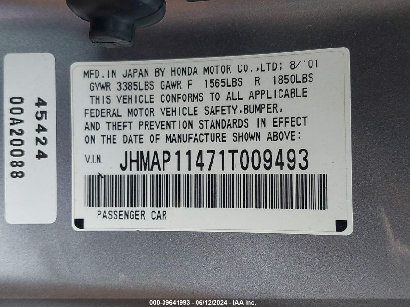 2001 Honda S2000 VIN: JHMAP11471T009493 Lot: 39641993