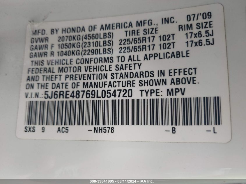 2009 Honda Cr-V Ex-L VIN: 5J6RE48769L054720 Lot: 39641995